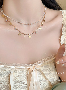 复古黄色蝴蝶珍珠流苏项链女