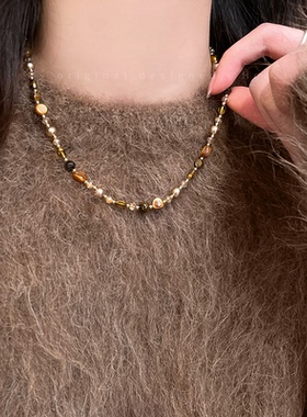 美拉德串珠天然石项链女气质百搭焦糖色锁骨链法式复古精致毛衣链