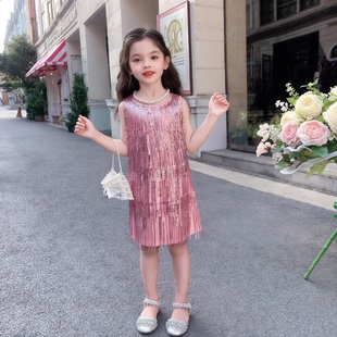 女童甜美亮片流苏连衣裙夏季无袖中长裙洋气公主裙生日礼服