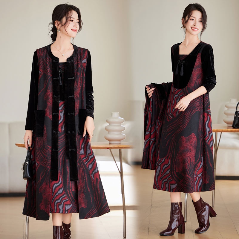 贵夫人妈妈套装秋冬季外套中长款高端洋气复古太连衣裙两件套