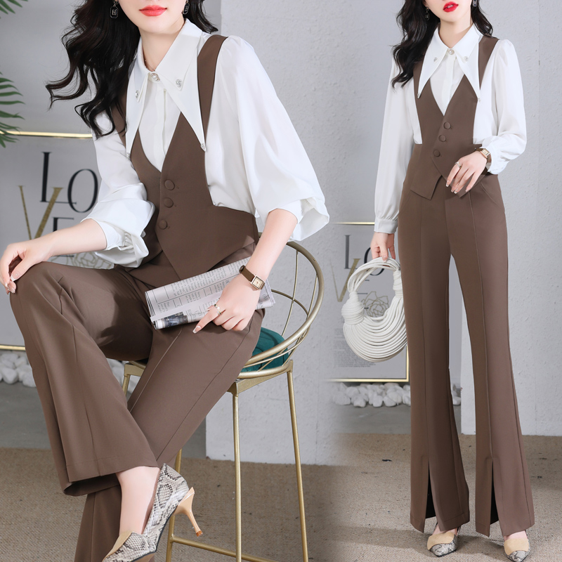 高端职业套装女2025年春秋新款时尚气质女神范衬衫微喇叭裤两件套