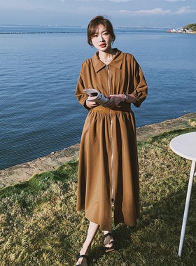 2025现货秋款新货翻领棕色连衣裙2012209P115控168