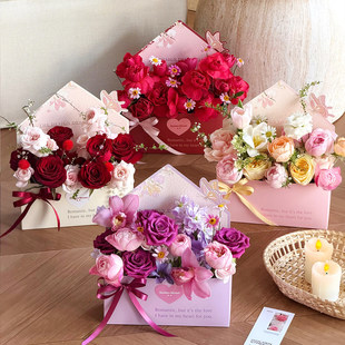 女神节花信鲜花盒玫瑰花束插花盒简约礼盒手工diy创意信封包装盒