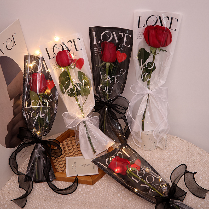 单支玫瑰花束包装袋防水透明单只鲜花包花纸手工diy花店摆摊资材