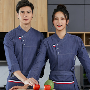 高档牛仔厨师工作服男长袖秋冬季酒店餐厅食堂饭店厨师长后厨工衣