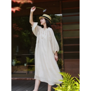 新品 宽皱苎麻加捻双层仙气飘逸显瘦清凉连衣裙 麻霖原创2022夏季