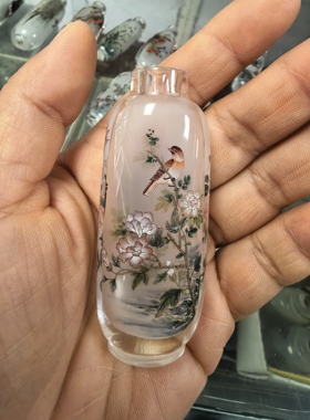 天然水晶内画鼻烟壶手工绘画花鸟图中式文玩收藏摆件
