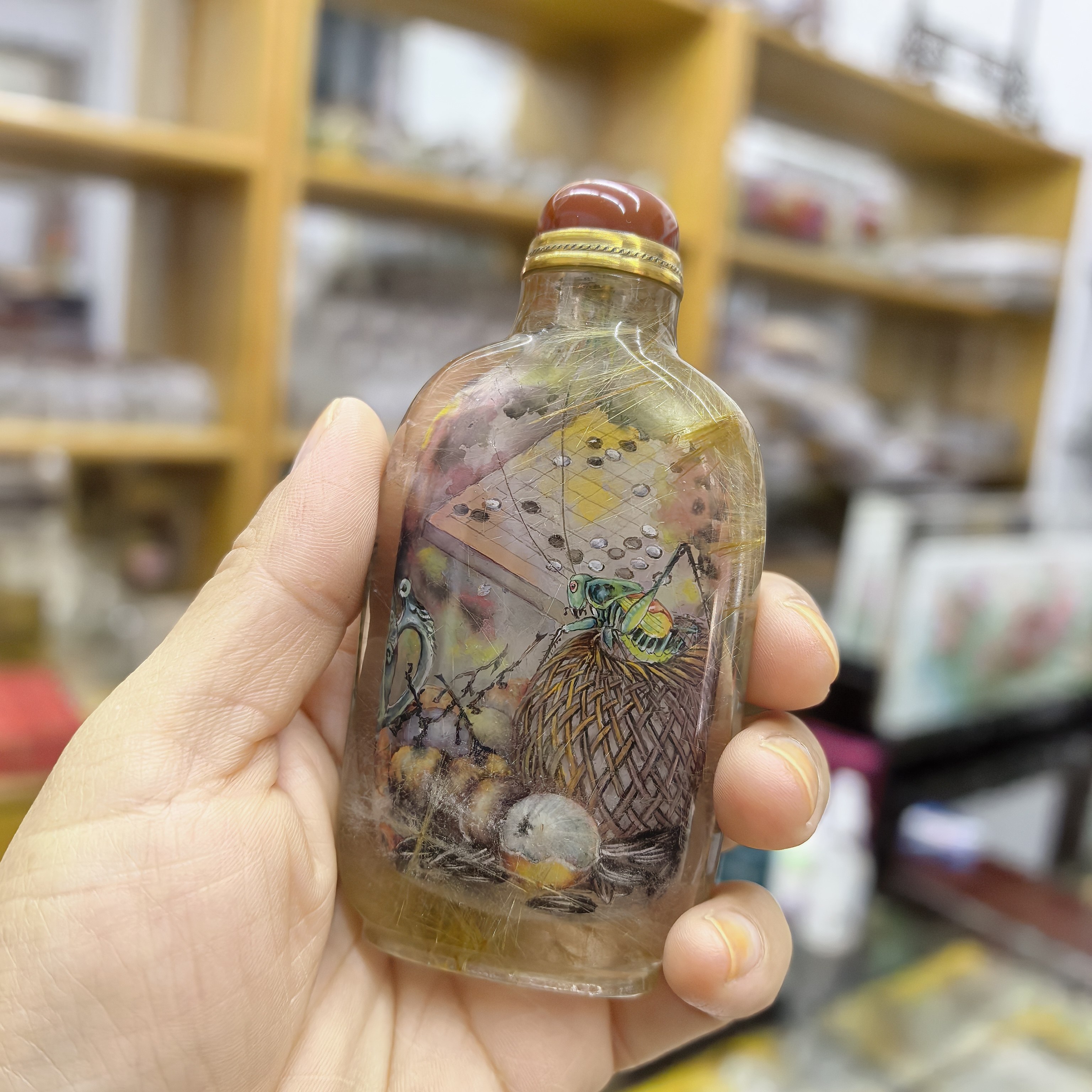 匠心独韵天然水晶金发丝内画鼻烟壶棋观天下国泰民安新年收藏礼品