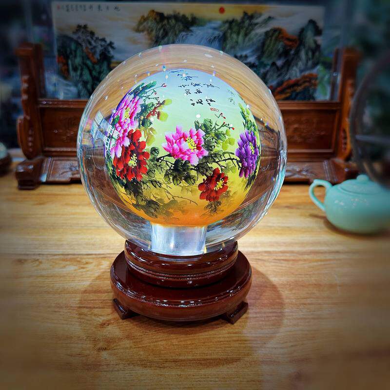 匠心独韵内画水晶球写意牡丹升迁乔迁开业圆形桌面摆设礼品