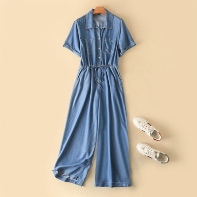 牛仔连体裤~高货品质2024夏季新款女翻领薄款短袖阔腿长裤连衣裤