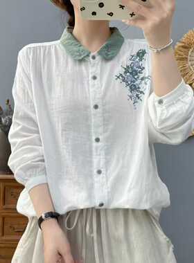 双层棉纱长袖衬衫女装春款复古文艺绣花领子柔软亲肤透气纯棉上衣