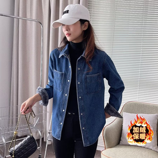 加绒牛仔衬衫复古冬季加厚深蓝色厚实宽松衬衣叠穿上衣保暖外套女