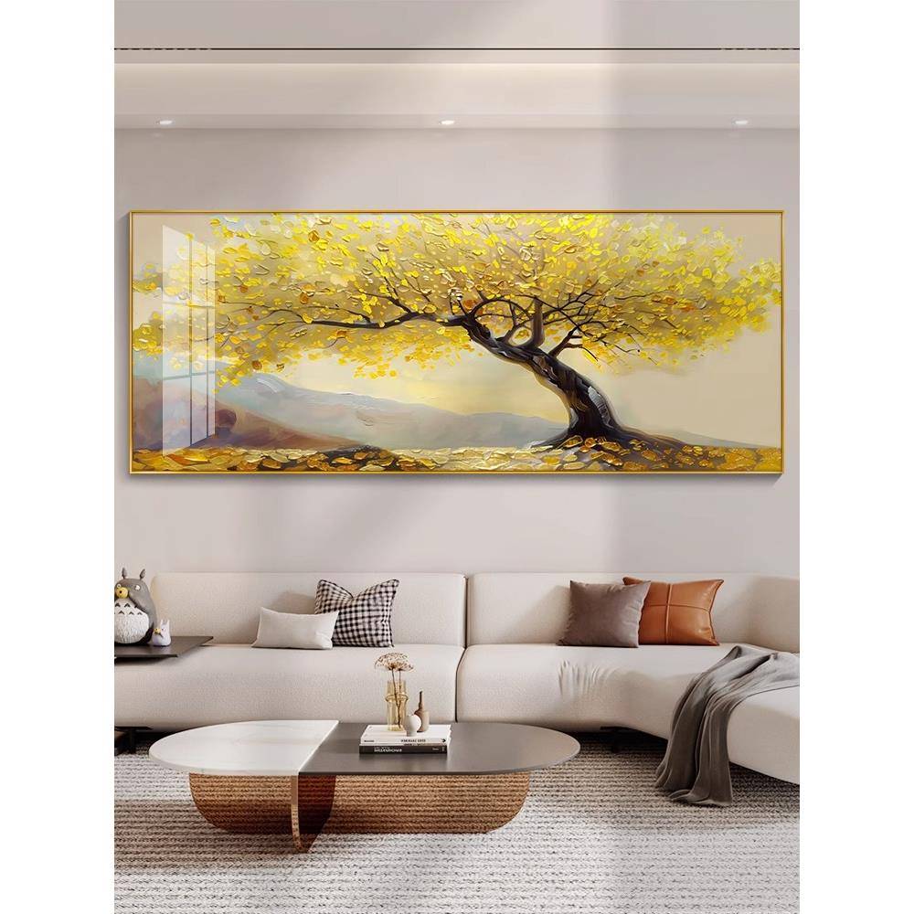 发财树客厅装饰画寓意好沙发背景墙挂画招财横幅现代轻奢卧室壁画图片