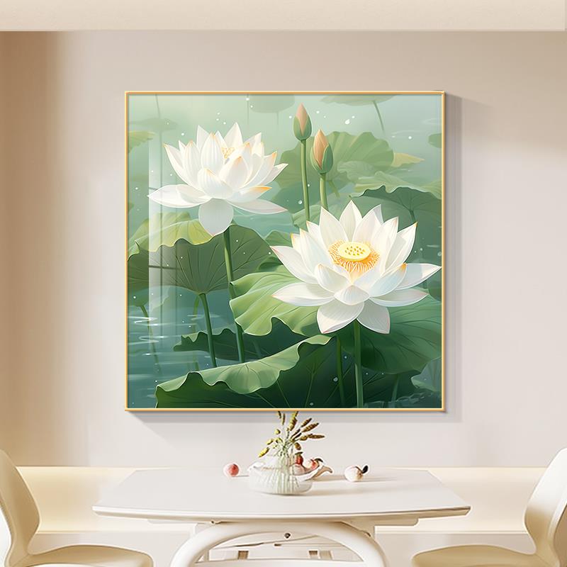 荷花装饰画新中式餐厅挂画书房茶室装饰画正方形卫生间高级净秽画图片