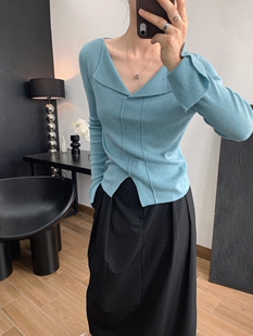 羊毛上衣打底 V领气质通勤套头针织23年女秋冬显瘦长袖 水袖 小翻领