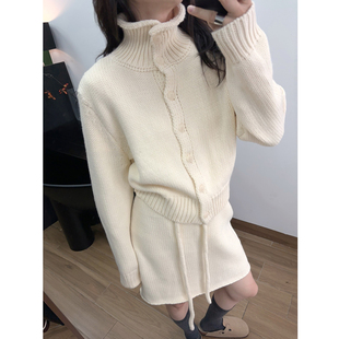 重磅棒针韩复古套装 半裙百搭 加厚羊毛混纺宽松粗针毛衣立领开衫