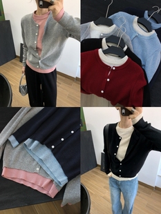 女叠穿 加厚羊毛混纺时髦博主秋冬拼色假两件打底开衫 bi入 自留