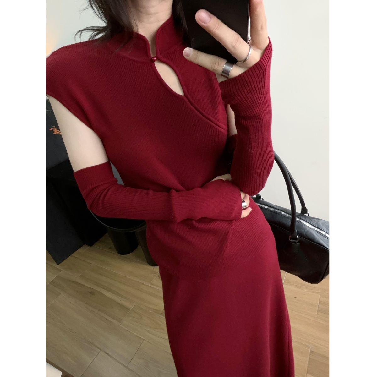 【大减价】新中式立领盘扣针织打底衫女秋冬新款可拆卸袖套毛衣