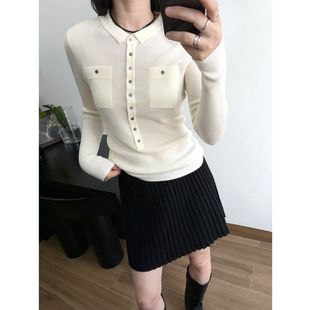 羊毛半开门襟小翻领贴身口袋通勤