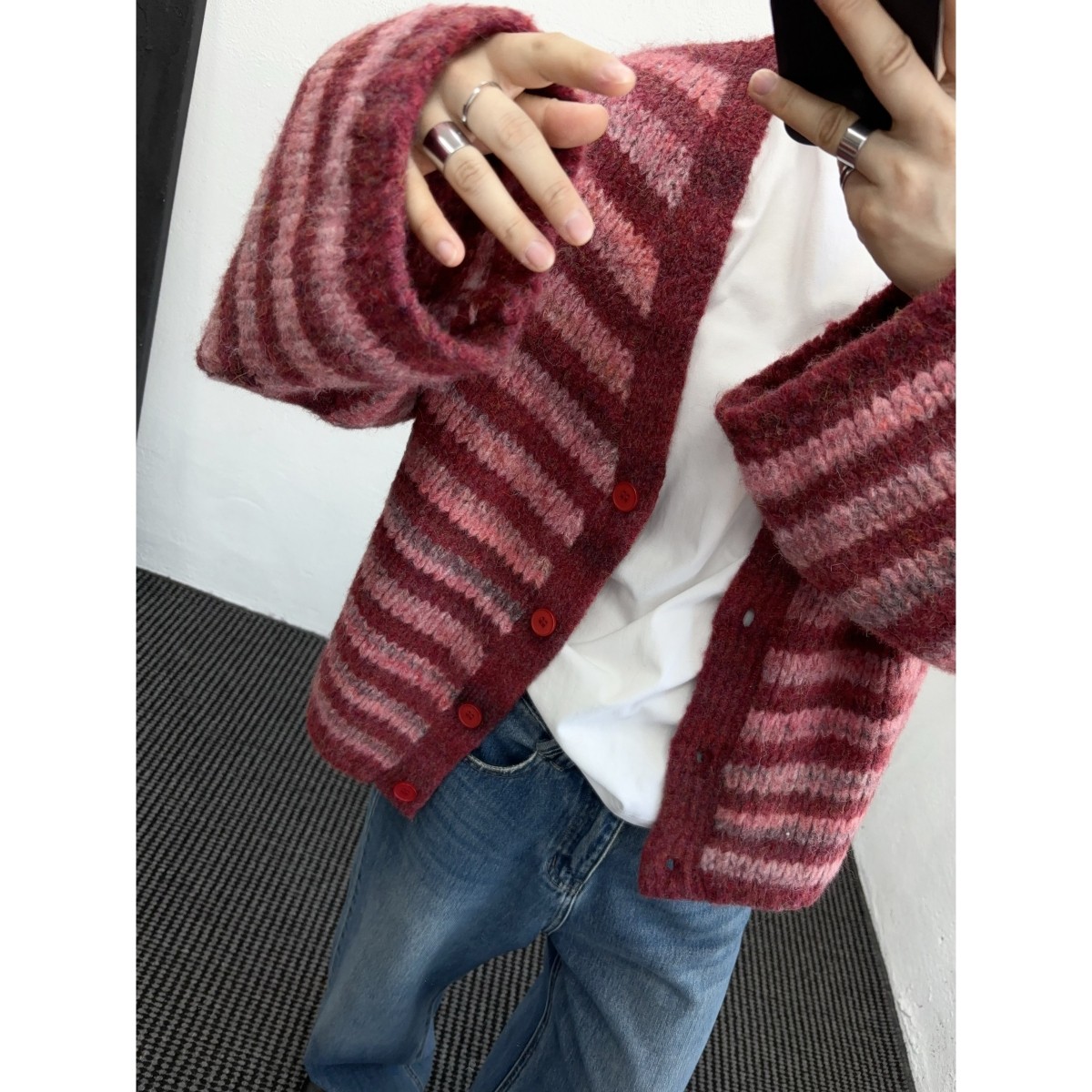 实物更美 粗针加厚韩国宽松V领开衫外套毛衣法式条纹撞色慵懒风女,女装/女士精品,毛衣,淘宝优惠券,粉丝福利购,淘宝优惠卷