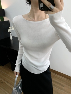 天丝高级感短款 显瘦质感 上衣 修身 天鹅颈_2024春夏一字领针织长袖
