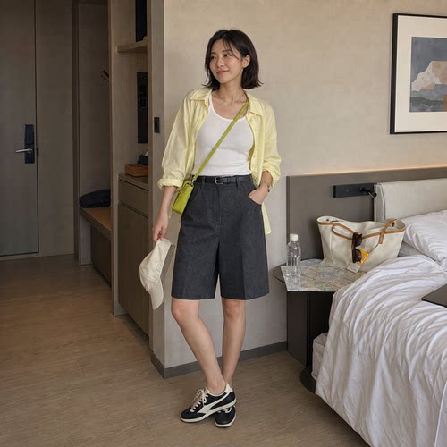 女士羊毛混纺直筒五分裤
