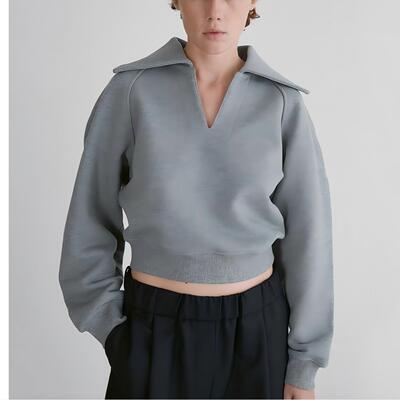 RECTO 秋冬新款女士纯色棉质大翻领刺绣长袖套头卫衣银泰百货