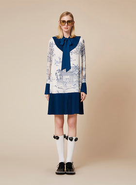 FLONAKED 女士中国风 雍正十二月行乐图原创印花压褶连衣裙300170