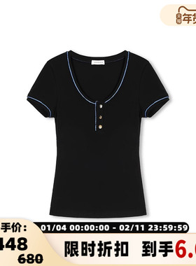 CONCISE-WHITE春夏女士日常通勤圆领金扣拼色短袖T恤银泰 301257