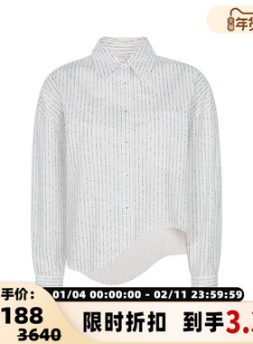 RECTO春季新款女士棉质杂色条纹不对称设计长袖衬衫