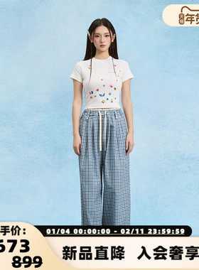 【断码】Sofitte 春夏新款女士格纹撞色拼接腰头直筒休闲裤301355