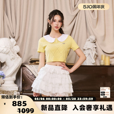 Three Quarters 秋冬新款女娃娃领镂空短袖羊毛衫银泰百货 301355