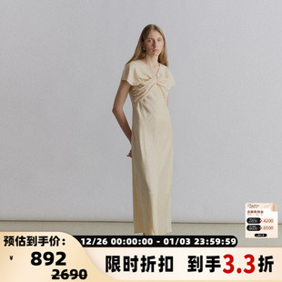 饰女士V领短袖 VIKTORIA 交叉带褶皱装 春季 连衣裙长裙 CHAN