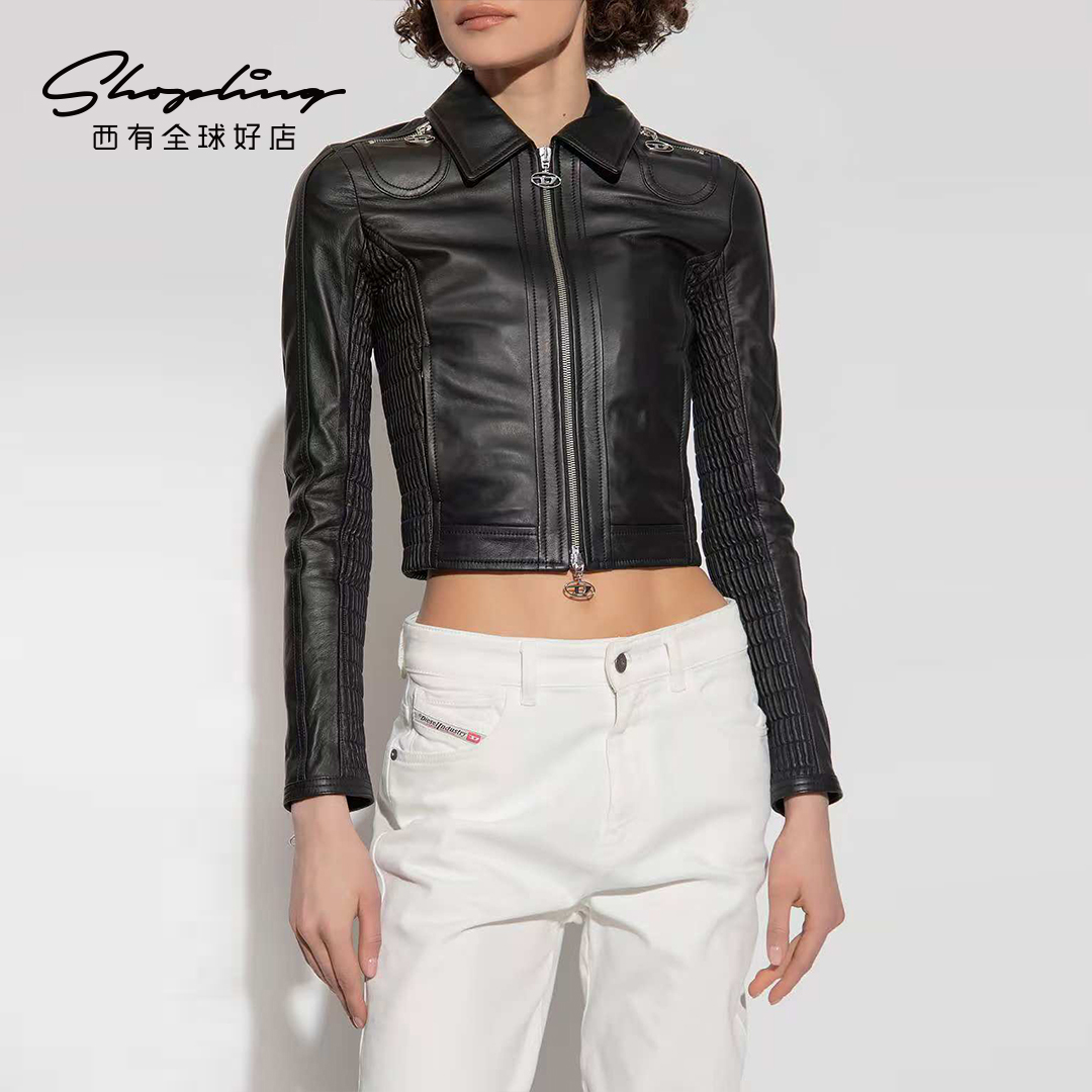 Diesel新款女士拉链开合翻领短款夹克外套银泰百货精品 301596