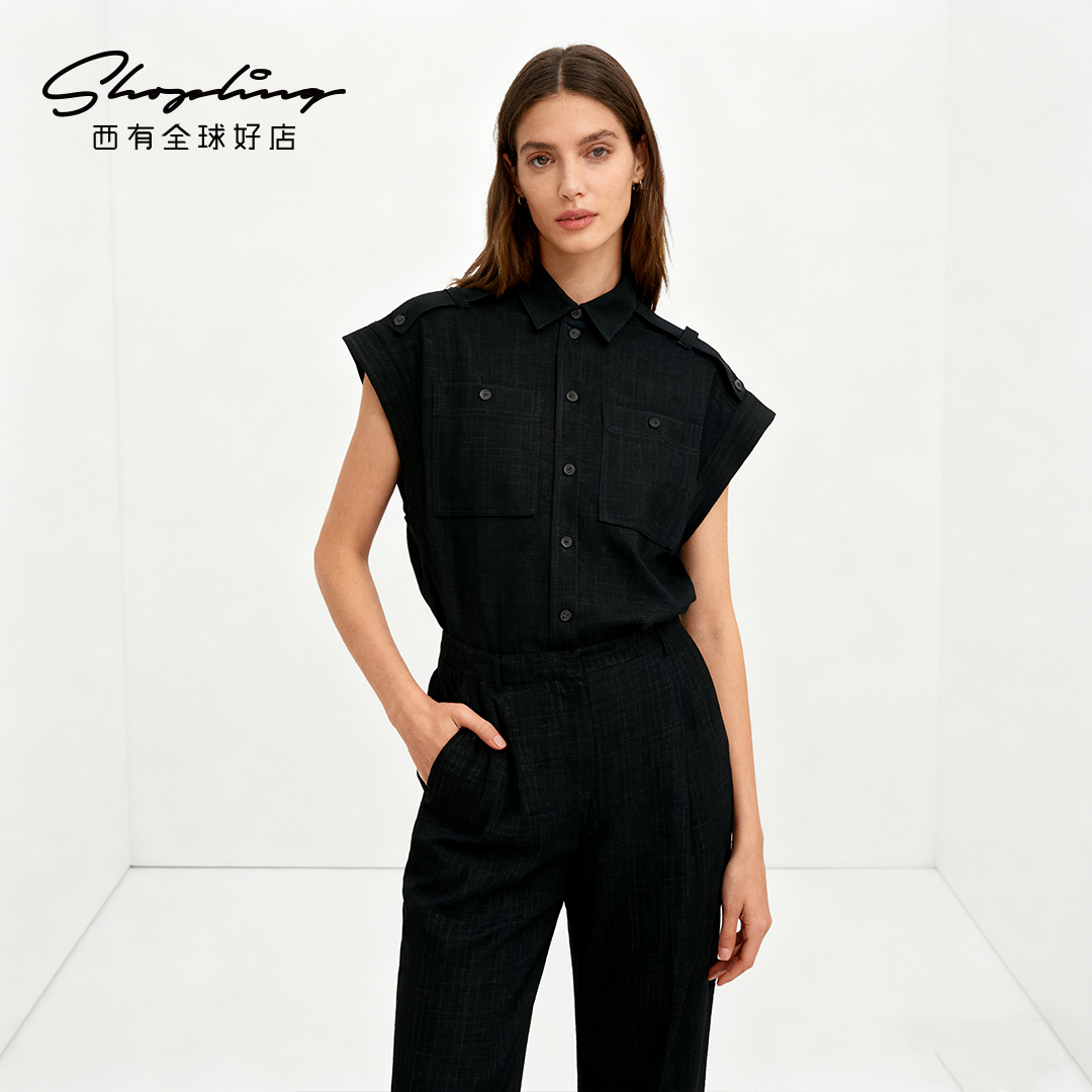 IRO 潮流都市女士翻领单排扣纯色短袖衬衫银泰百货 301596