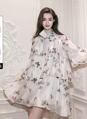 FLONAKED  女士蝴蝶印花层叠裙摆露肩连衣裙 300170