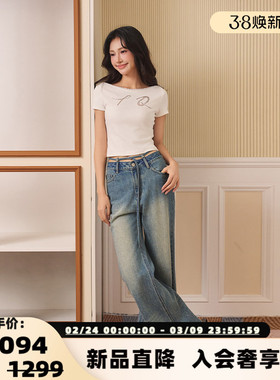 Three Quarters 25春夏女士蓝色显瘦腰部绑带牛仔直筒裤 301355