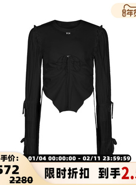 YCH优雅女士日常通勤休闲褶皱设计气质棉质长袖女衫