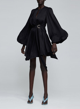 【折扣】ACLER 黑色暗纹小圆点图案设计女士收腰长袖短款连衣裙