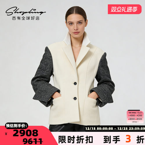 WE 11 DONE 秋冬女士羊毛羊绒混纺拼色大袖口毛呢大衣银泰 301596