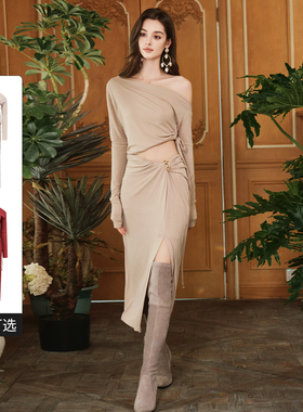 FLONAKED 25新款不规则露肩纽结侧开衩修身连衣裙银泰百货 300170