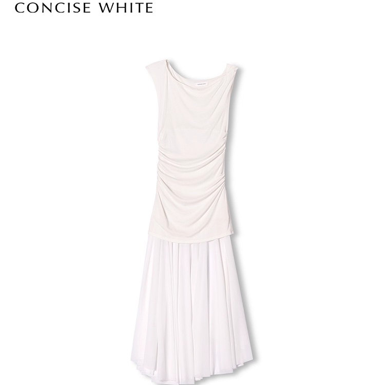 Concise-White/简白 25新款女士斜肩拼纱连衣裙银泰百货 301257