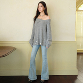 银泰301355 秋冬女士蝴蝶结烫钻弹力微喇牛仔裤 Three Quarters