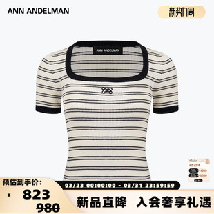 T恤银泰百货 ANN 女士方领横条针织短袖 春夏新款 301286 ANDELMAN