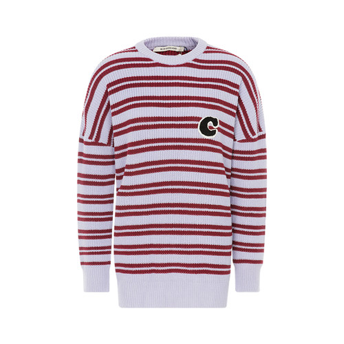 拼色条纹设计长袖圆领套头针织衫