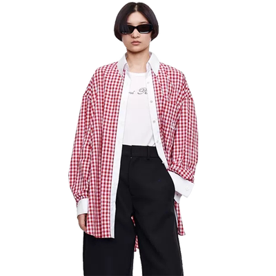 IMMI女士格纹棉布长袖宽松衬衫