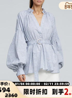 ACLER 海洋蓝V领收腰款女士灯笼袖日常通勤衬衫上衣