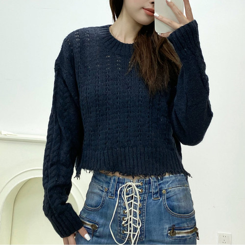 TIBI 女士马海毛羊毛混纺镂空针织衫毛边短款设计毛衣银泰 301596