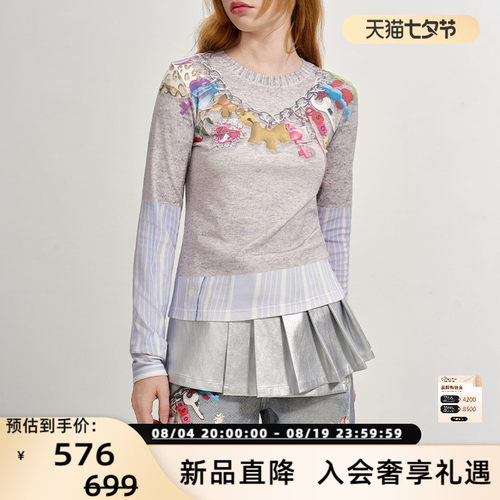 SOFITTE 新款女士假两件3D印花修身打底衫T恤银泰百货 301355