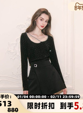 FLONAKED 秋冬黑色百搭一颗钻扣装饰裤裙银泰百货精品 300170